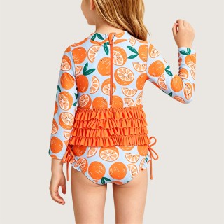 Long-Sleeve One-Piece Swimsuit with Bow and Ruffles