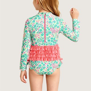 Girls' Floral Print Long-Sleeve One-Piece Swimsuit